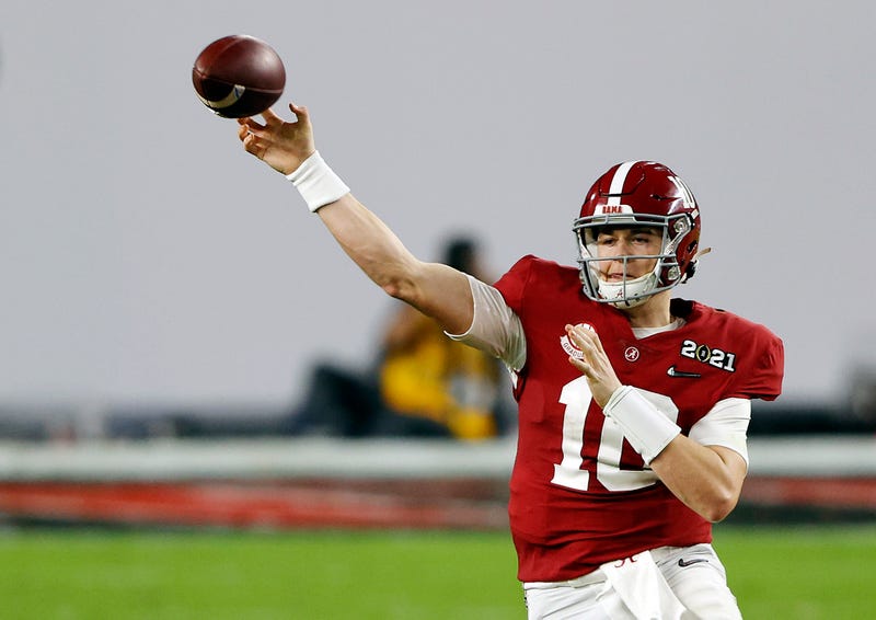 Alabama quarterback Mac Jones throws a pass.