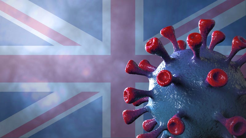 Covid british and england variant, covid-19 virus with English flag