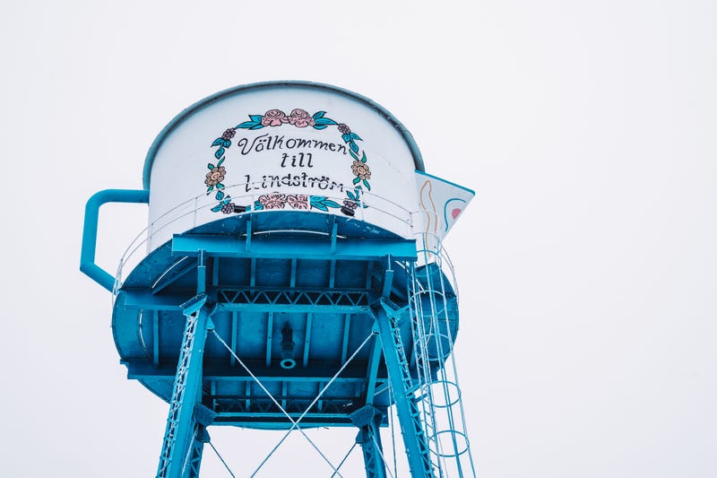 Lindstrom, Minnesota's famous coffee pot water tower reads Welcome to Lindstrom (translated from Swedish) Minnesota. 