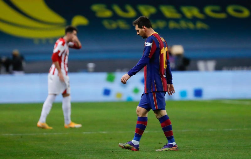 Lionel Messi of Barcelona walks off after being sent off during the Supercopa de Espana Final match between FC Barcelona and Athletic Club at Estadio de La Cartuja on January 17, 2021 in Seville, Spain. Sporting stadiums around Spain remain under strict restrictions due to the Coronavirus Pandemic as Government social distancing laws prohibit fans inside venues resulting in games being played behind closed doors.
