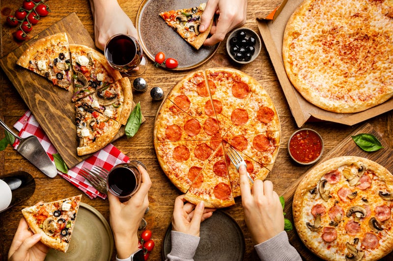 Pizza on a table.