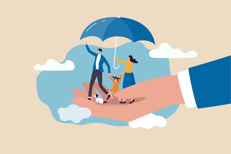  lovely family with husband, wife and kids in supporting hand with umbrella cover protection.