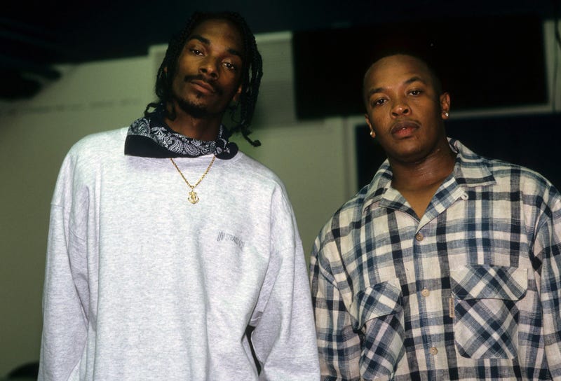 Snoop Dogg and Dr. Dre (aka Andre Romelle Young) appear backstage when the Death Row Records label assembles at The Source Awards, held at The Paramount Theater at Madison Square Garden, on August 3, 1995, in New York City.