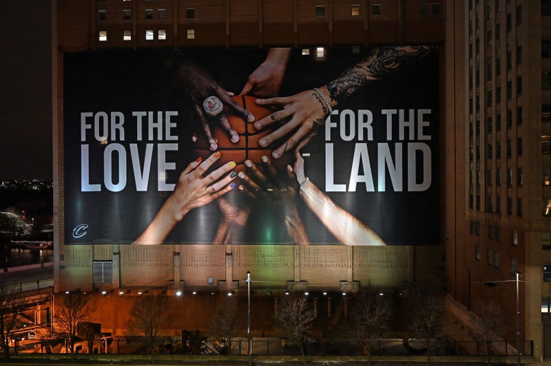 A ten story spirit banner created by the Cleveland Cavaliers hangs in downtown Cleveland