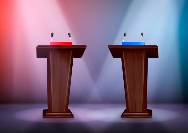 Two tribunes for debate on stage illuminated by floodlights realistic colored composition 3d vector illustration