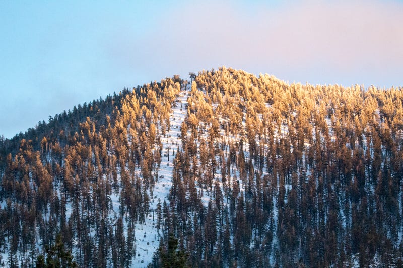 Ski lift and trees at sunset in South Lake Tahoe, California.