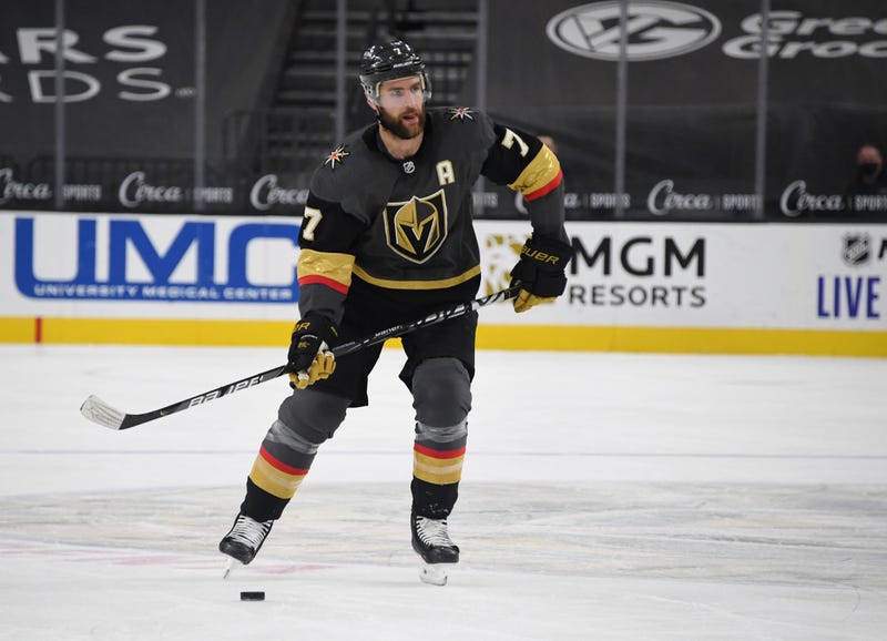 Alex Pietrangelo #7 of the Vegas Golden Knights skates with the puck against the St. Louis Blues in the second period of their game at T-Mobile Arena on January 26, 2021 in Las Vegas, Nevada.