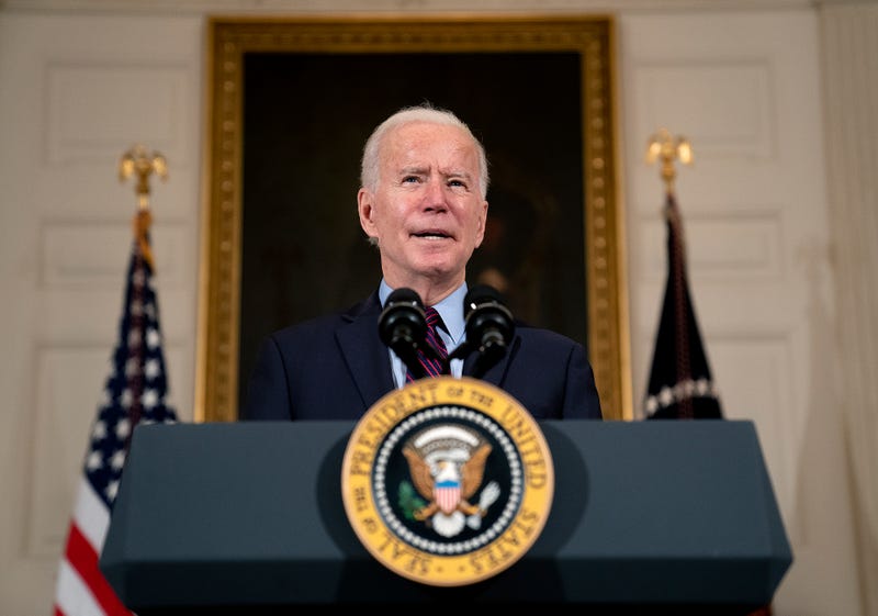 U.S. President Joe Biden delivers remarks on the national economy and the need for his administration's proposed $1.9 trillion coronavirus relief legislation in the State Dining Room at the White House on February 05, 2021 in Washington, DC.