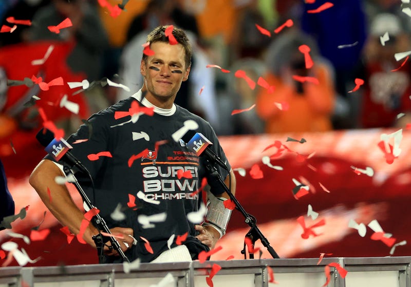 Buccaneers quarterback Tom Brady celebrates after winning Super Bowl 55.