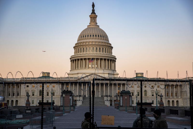 The US Capital is seen as National Guard and US Capitol Police stand guard on February 08, 2021 in Washington, DC. 