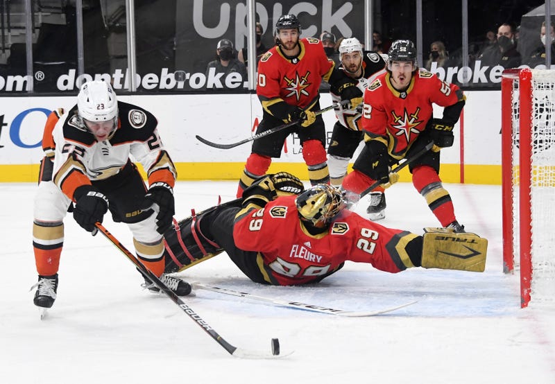 Goalie Marc-Andre Fleury spreads out to deny the Anaheim Mighty Ducks during a game at the T-Mobile Arena in February
