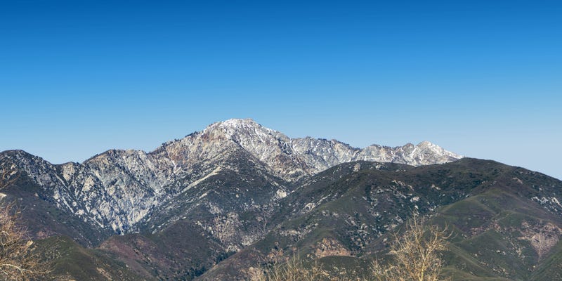The San Gabriel Mountains with snow on Cucamonga Peak as seen from the Rancho Cucamonga area