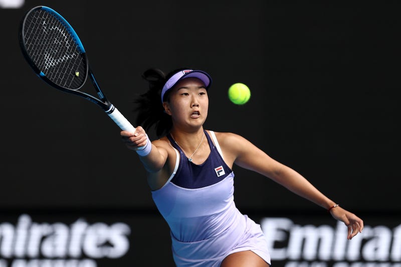 Ann Li plays a forehand in her Women's Singles third round match against Aryna Sabalenka of Belarus during day five of the 2021 Australian Open at Melbourne Park on February 12, 2021 in Melbourne, Australia.