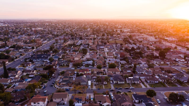 Aerial view of a neighborhood in Downey, California, USA.