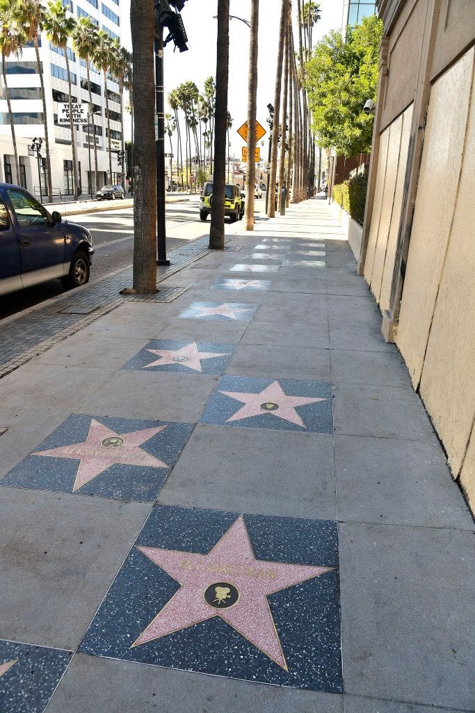 A view of Ryan O'Neal and Ali MacGraw's stars on the Hollywood Walk of Fame on February 12, 2021 in Hollywood, California.
