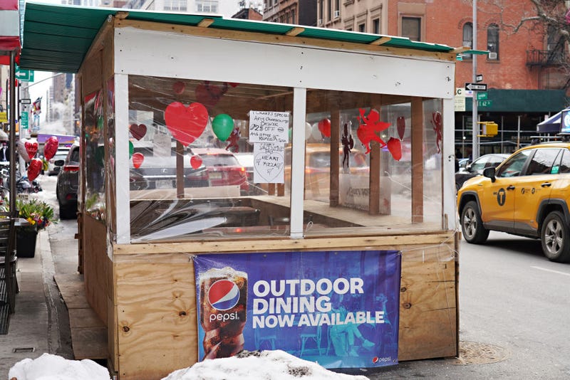 Valentine's Day decorations are displayed on an outdoor dining structure on February 14, 2021 in New York City.