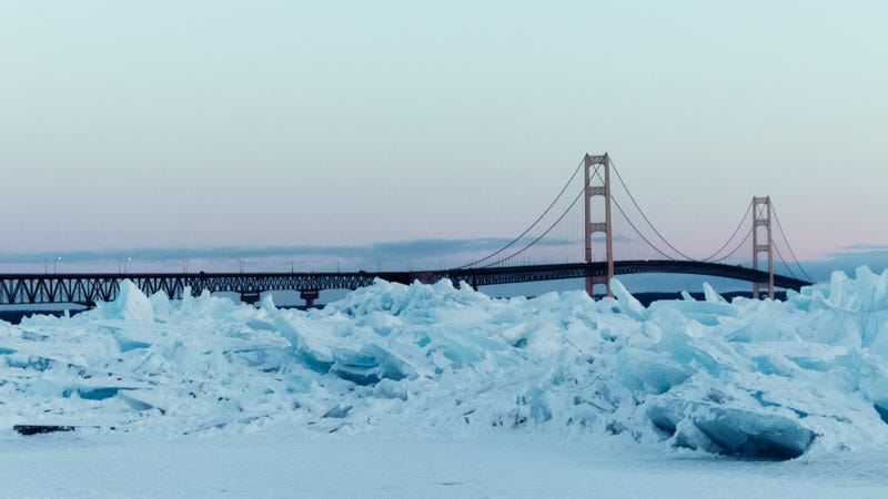 Mackinaw bridge. Blue ice sheet buildup in Michigan winter.
