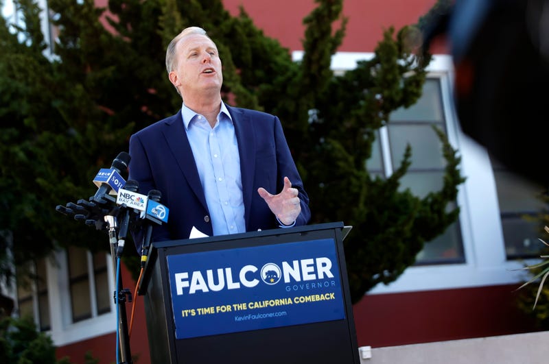 Former San Diego Mayor and republican candidate for California Governor Kevin Faulconer speaks during a news conference in front of Abraham Lincoln High School on February 17, 2021 in San Francisco, California