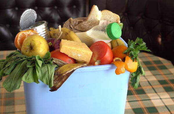 Spoiled food in a trash can