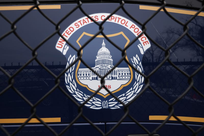 The United States Capitol Police seal appears on the side of a bus parked near the headquarters on February 19, 2021 in Washington, DC.