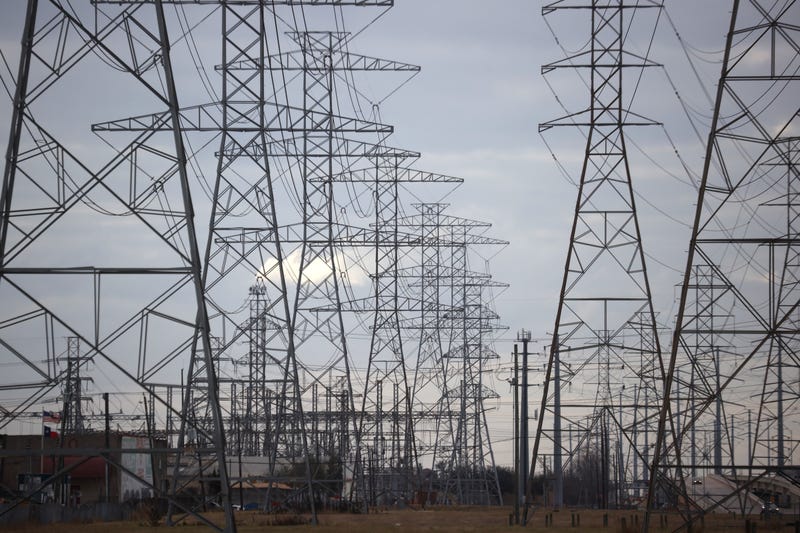 A view of high voltage transmission towers on Feb. 21, 2021, in Houston, Texas.
