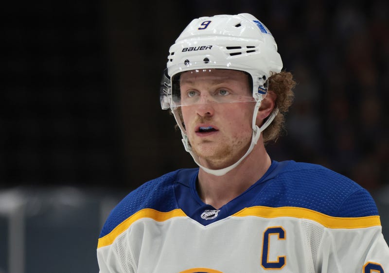 Jack Eichel #9 of the Buffalo Sabres prepares to skates against the New York Islanders at the Nassau Coliseum on February 22, 2021