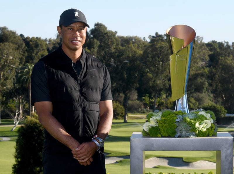 Tiger Woods on hand at the trophy presentation ceremony after the final round of the Genesis Invitational at Riviera Country Club on February 21, 2021 in Pacific Palisades, California.