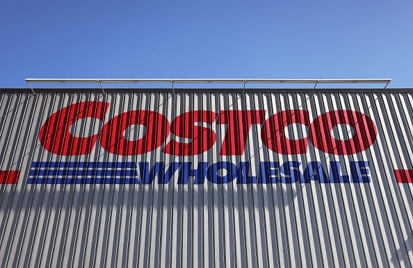 The Costco logo is displayed at a Costco store on February 25, 2021 in Inglewood, California.