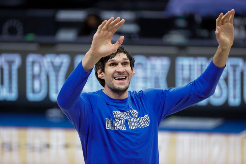 Boban Marjanovic #51 of the Dallas Mavericks warms up before playing against the Philadelphia 76ers at Wells Fargo Center on February 25, 2021 in Philadelphia.