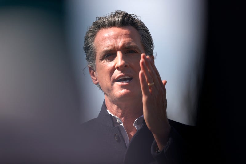California Gov. Gavin Newson speaks during a news conference after touring Barron Park Elementary School on March 02, 2021 in Palo Alto, California.