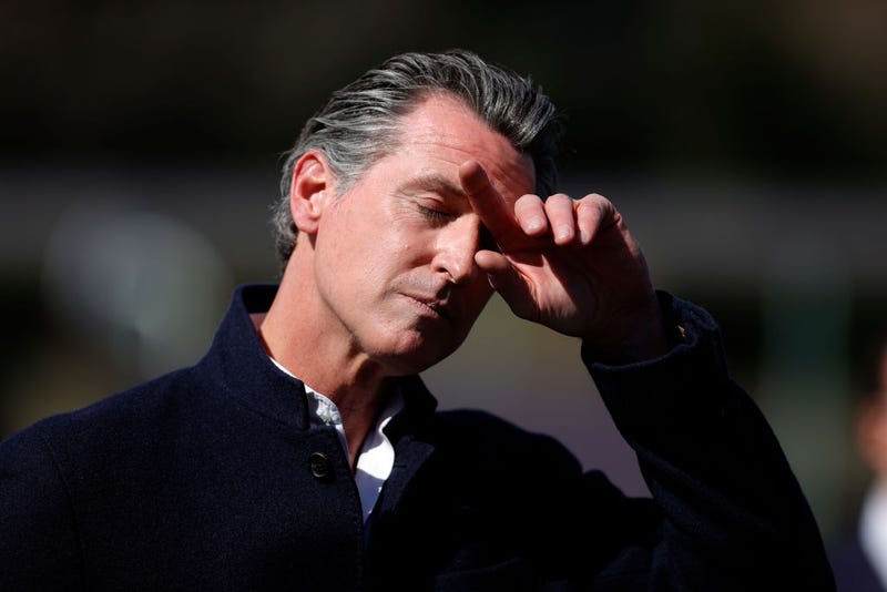 California Gov. Gavin Newsom pauses during a news conference after touring Barron Park Elementary School on March 02, 2021 in Palo Alto, California.