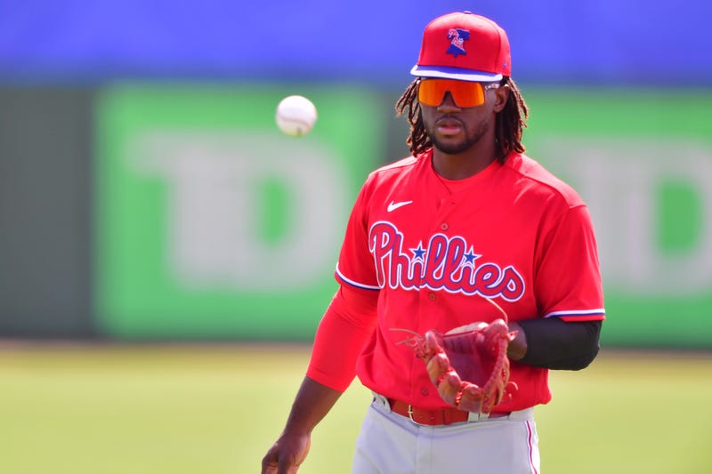 Odubel Herrera #37 of the Philadelphia Phillies warms up before a spring training game against the Toronto Blue Jays on March 02, 2021 at TD Ballpark in Dunedin, Florida.