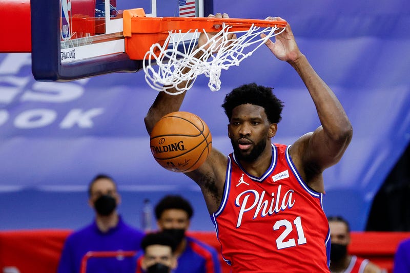 Sixers center-forward Joel Embiid dunks during the fourth quarter against the Utah Jazz at Wells Fargo Center on March 03, 2021 in Philadelphia, Pennsylvania.