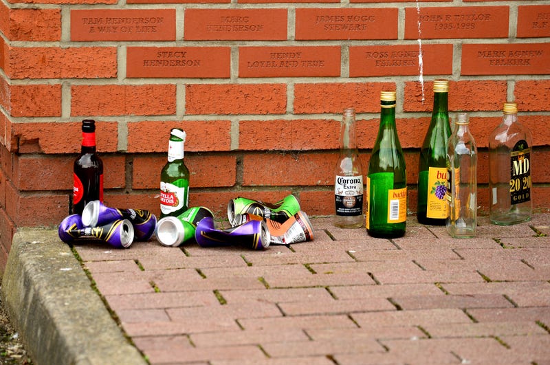 Empty bottles of beer and alcohol.