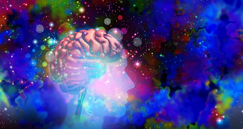 Psychedelic drug or psychedelics hallucinogenic drugs and hallucinogens representing states of consciousness and psychology or psychological hallucinating by taking mind altering substances in a 3D illustration style.