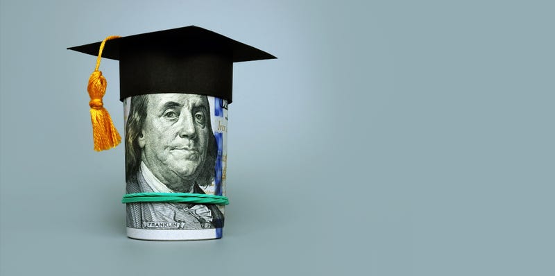 Hundred dollar bills with a graduation cap.