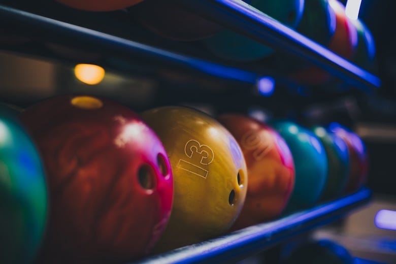 Bowling balls in a rack
