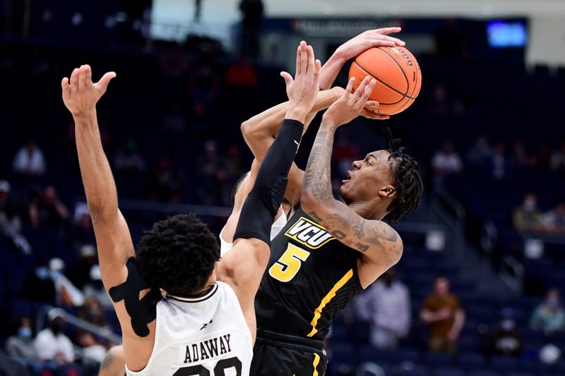 VCU's Bones Hyland puts up a shot during the 2021 Atlantic 10 Men's Basketball Tournament championship game.