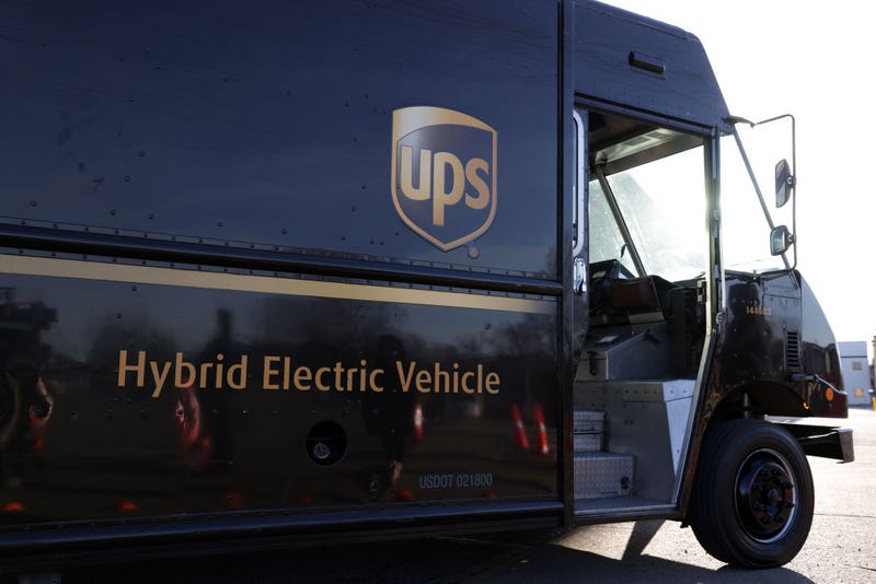 A United Parcel Service (UPS) hybrid electric truck is seen ourside a UPS facility that is delivering vaccines to Washington, DC, and Maryland areas March 15, 2021 in Landover, Maryland.