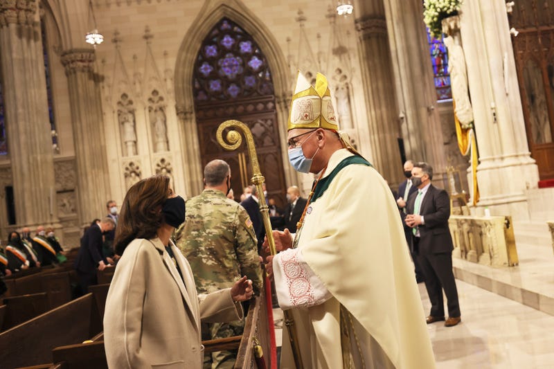 Then-Lt. Gov. Kathy Hochul and Cardinal Timothy Dolan speak after the conclusion of a St. Patrick's Day Mass at St. Patrick's Cathedral in Manhattan on March 17, 2021