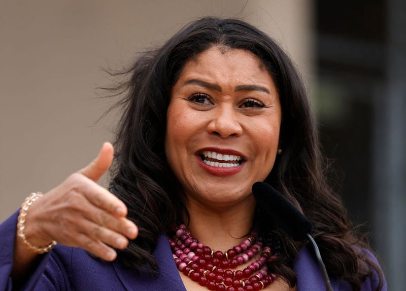 San Francisco Mayor London Breed speaks during a news conference outside of Zuckerberg San Francisco General Hospital with essential workers to mark the one year anniversary of the COVID-19 lockdown on March 17, 2021 in San Francisco, California.