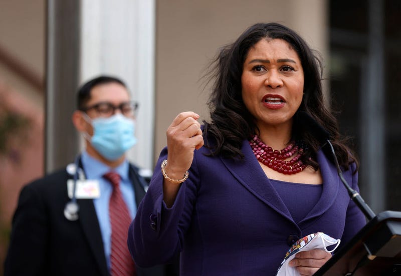 San Francisco Mayor London Breed speaks during a news conference outside of Zuckerberg San Francisco General Hospital with essential workers to mark the one year anniversary of the COVID-19 lockdown on March 17, 2021 in San Francisco, California.