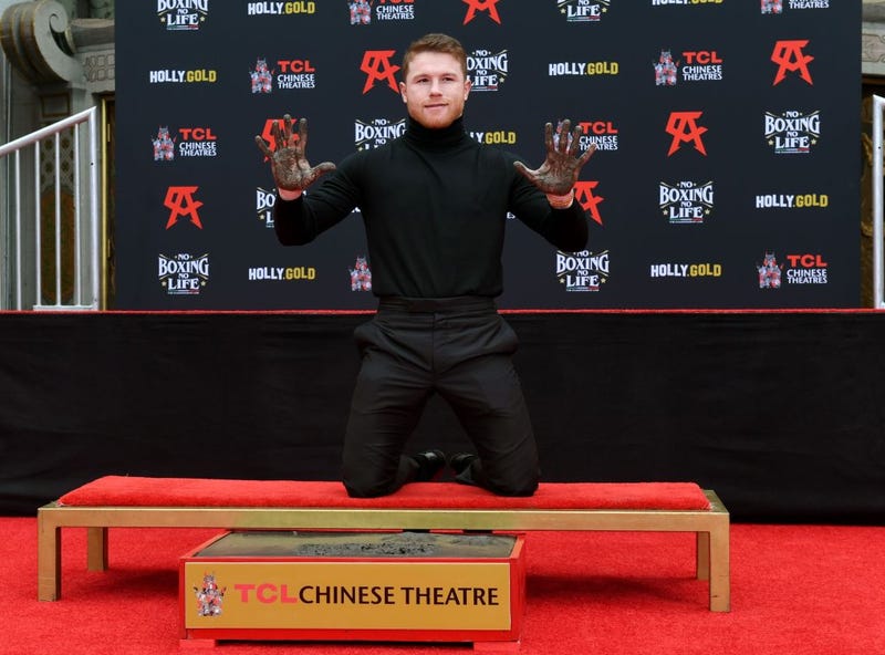 Boxer Canelo Alvarez gets his hand and footprints at TCL Chinese Theatre on March 20, 2021 in Hollywood, California. 