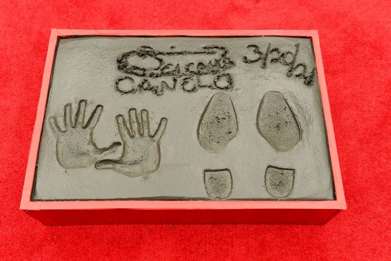 Canelo Alvarez's hand and footprints are displayed during the Hand and Footprint Ceremony for boxer Canelo Alvarez at TCL Chinese Theatre on March 20, 2021 in Hollywood, California.