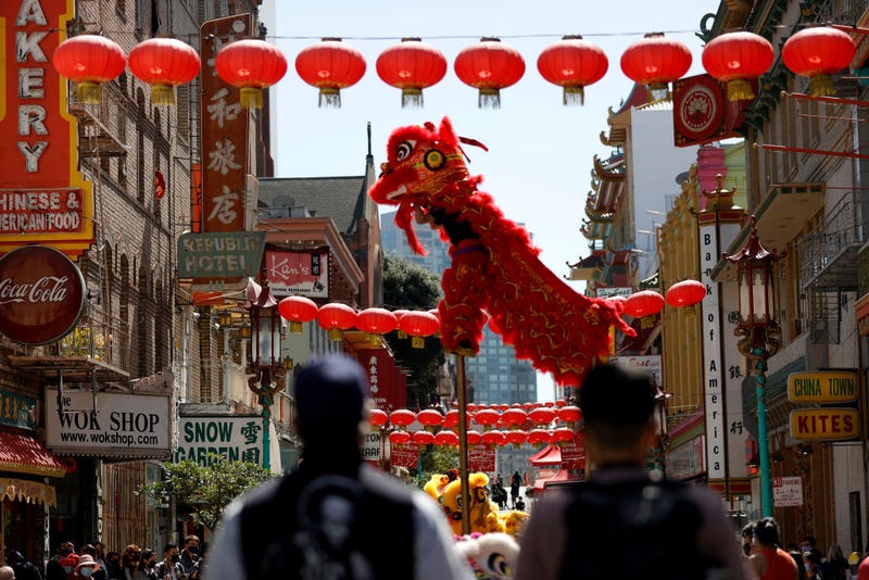 A Chinese Dragon Dance team performs on Grant Avenue in Chinatown on March 20, 2021 in San Francisco, California.