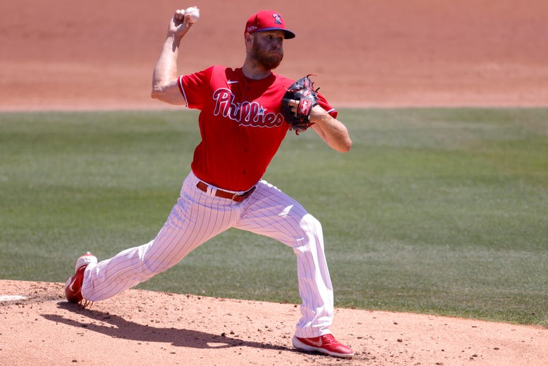 Phillies pitcher Zack Wheeler throws a pitch during the second inning against the New York Yankees during a spring training game at BayCare Ballpark on March 28, 2021 in Clearwater, Florida.