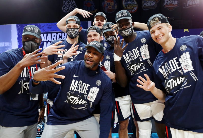 Gonzaga celebrates its 2021 Elite Eight win over USC.