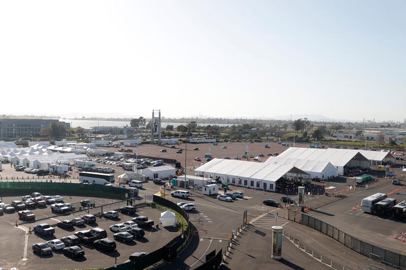 A Covid-19 vaccination center is set up in the parking lot of RingCentral Coliseum, where the Oakland Athletics will play their opening day game against the Houston Astros, on April 01, 2021 in Oakland, California.