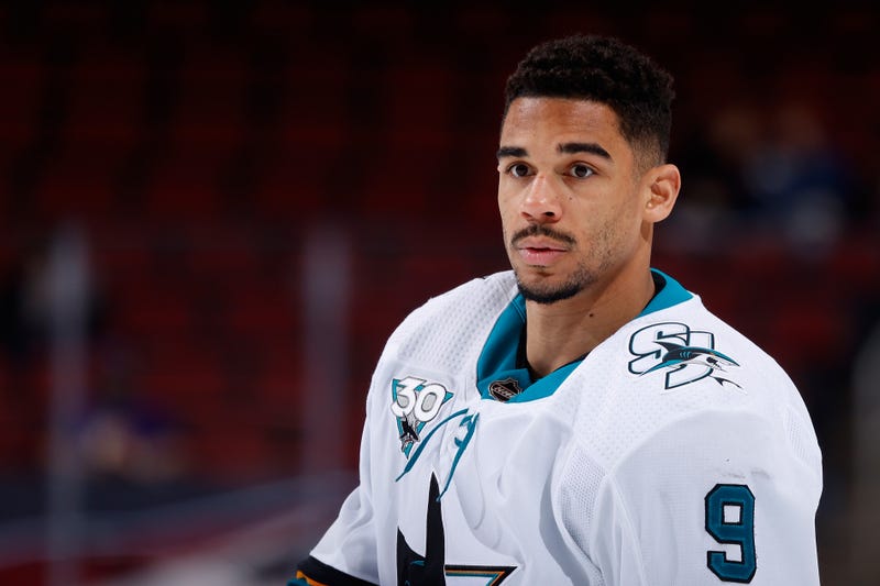 Evander Kane #9 of the San Jose Sharks warms up during the NHL game against the Arizona Coyotes at Gila River Arena on March 27, 2021 in Glendale, Arizona.