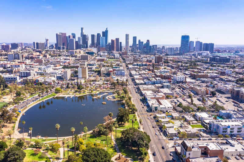 FILE PHOTO - A panoramic view of downtown Los Angeles skyline behind beautiful MacArthur Park.